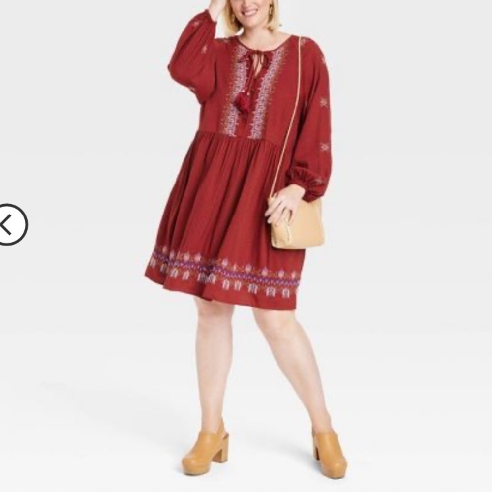 Knox Rose Red Embroidered Long-Sleeve Midi Dress